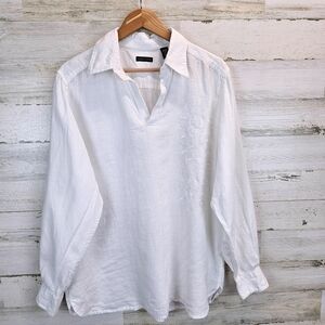 Structure 100% Linen Oversized Embroidered V-Neck Shirt Medium White Minimalist